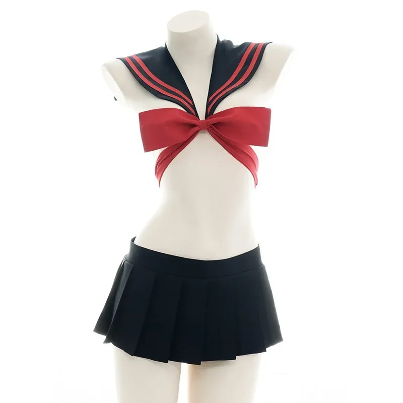 

Anime Bow Sailor Suit Cosplay Costume Cute Student School Girls Uniform Role Play Outfit Hollow Top Mini Pleated Skirt Sweet Set