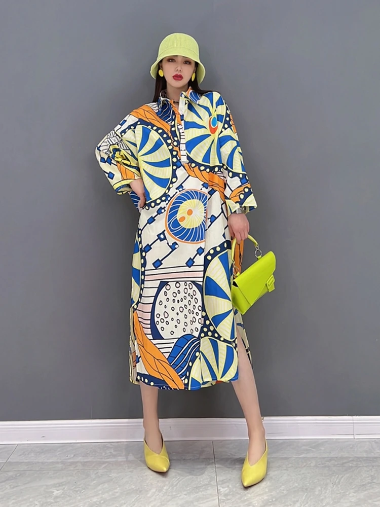 

SuperAen 2022 Spring New Fashion Dress Casual Chiffon Printed Shirt Split Women's Summer Oversize Dress