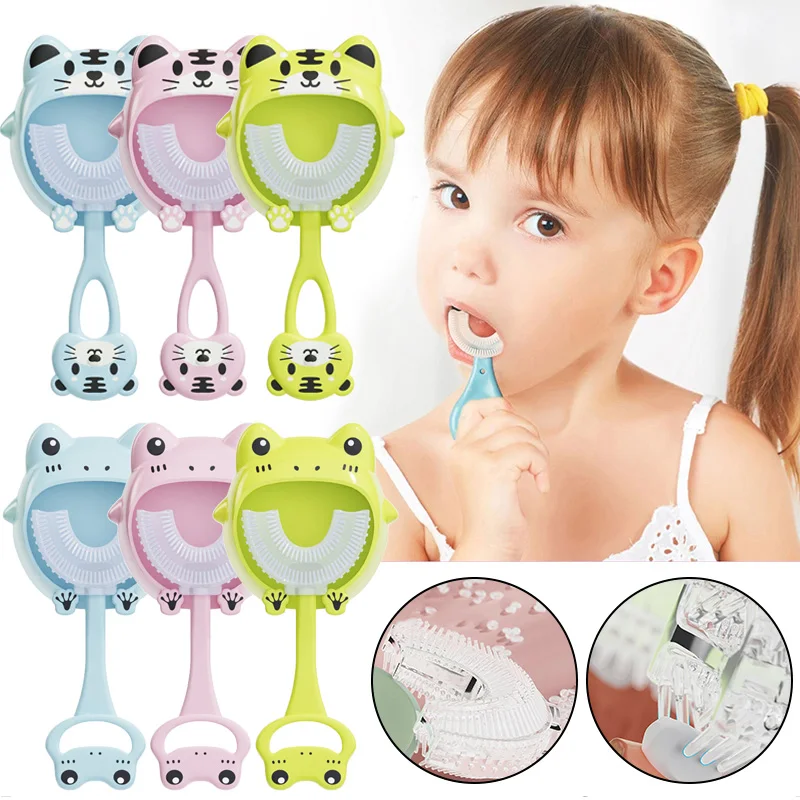 

Cute Children 360Degree U-shaped Toothbrush Cartoon Manual Toothbrush Kids Soft Silicone Oral Cleaning Tool For 2-6-12 Years Old