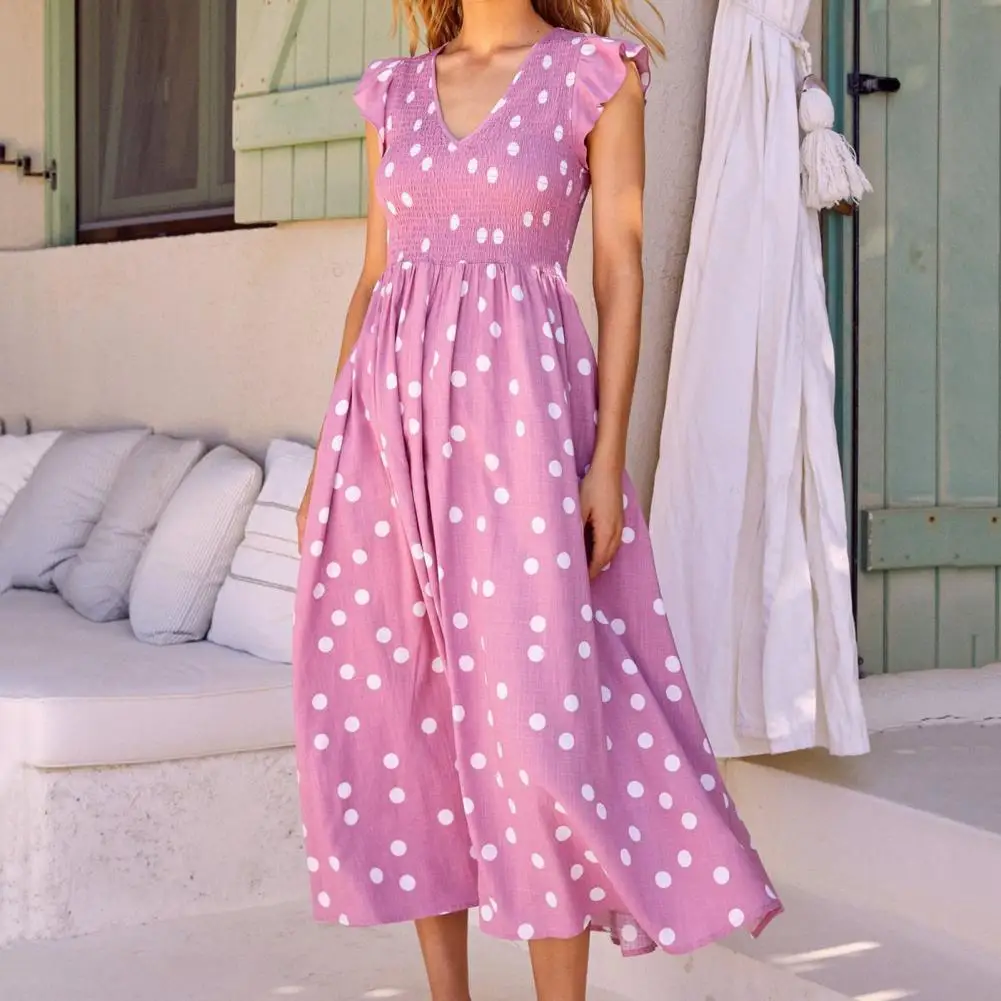 

Ruffle Sleeve Trim Waist Tight Elegant Dress Large Hem V-neck Dot Printing Ladies Midi Dress Summer Dresses for Women 2022