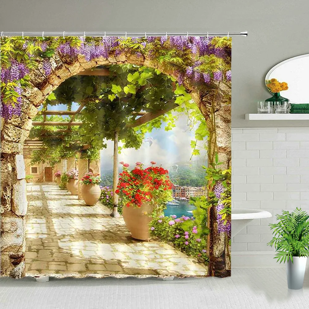 

Shower Curtain Flowers Arch Bridge Landscape Home Decor Bathroom Curtain Polyester Fabric Background Wall Decor