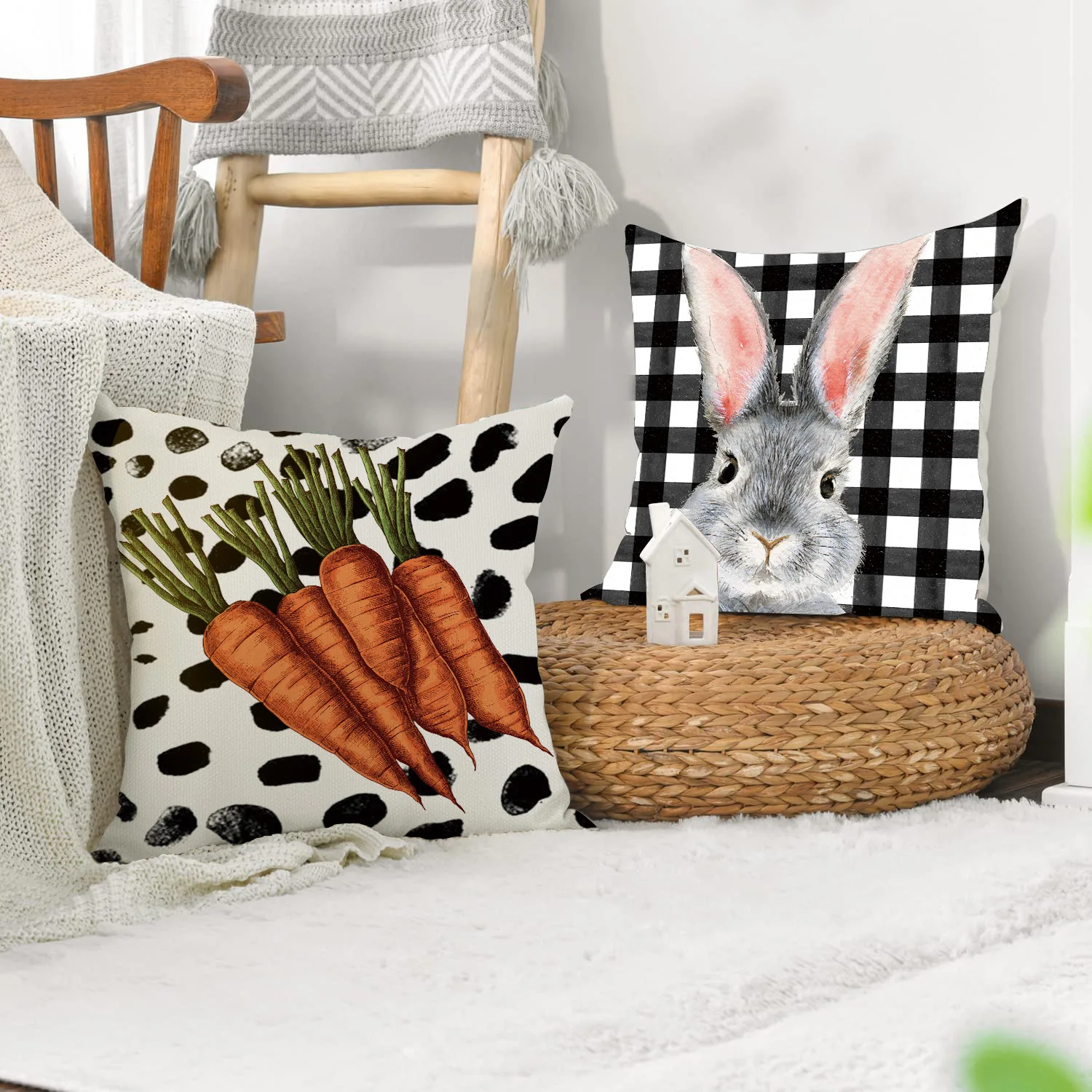 

Rabbit Carrot Throw Pillowcase Linen Dirt Resistant Car Cushion Cover Easter Atmosphere Decorative Throw Pillows for Home Sofa