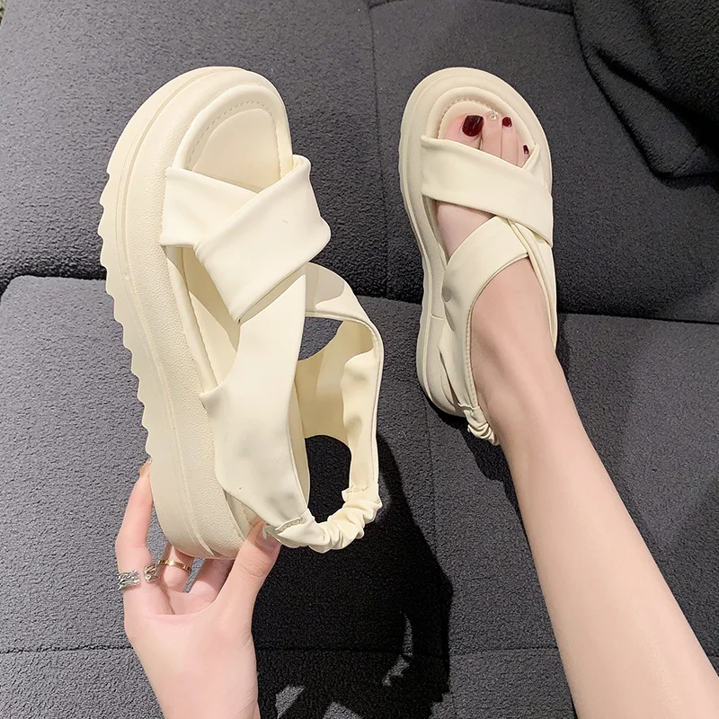 

Women's Sandals Casual 2023 Summer Straight Buckle Open Toe Rubber Sole PU Solid Beach Fashion Sandals Women