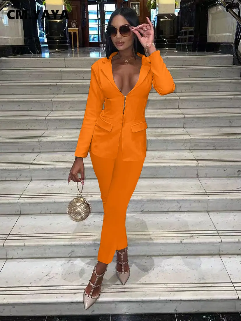 

CM.YAYA Women Veilied Button Blazer Suit and Pants Female Fashion Two 2 Piece Set Outfits Autumn Winter