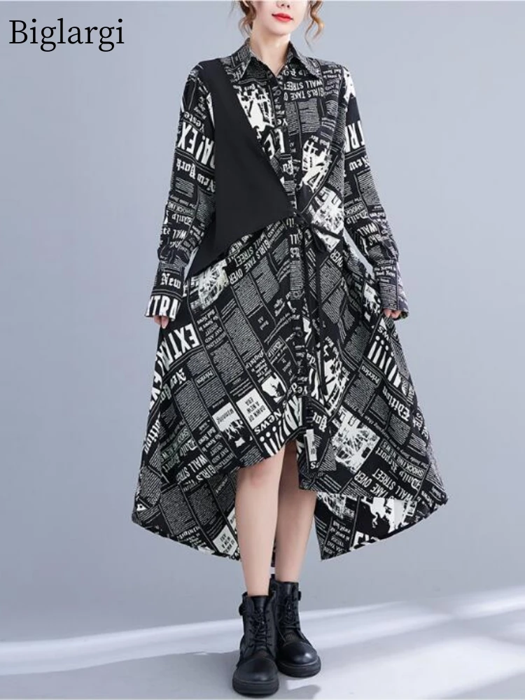 

Spring Autumn Print Letter Shirt Dress Women Irregular Patchwork Dresses Fashion Long Sleeve Woman Dress 2022 Vestido Mujer