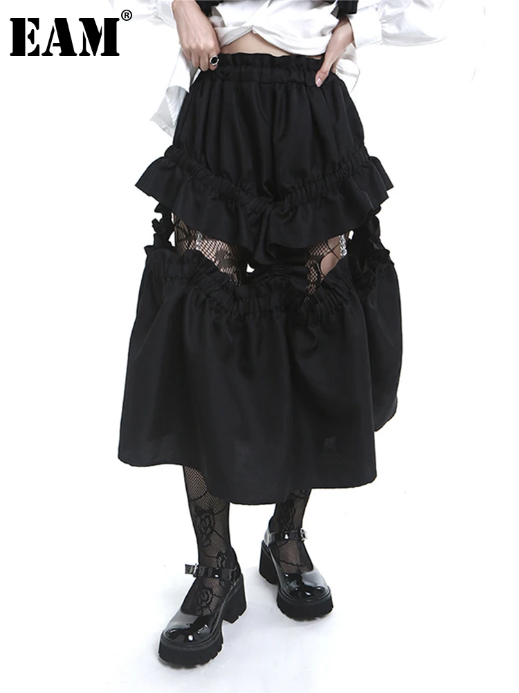 

[EAM] High Elastic Waist Black Pearl Ruffles Long Vintage Half-body Skirt Women Fashion Tide New Spring Autumn 2022 1DE2388
