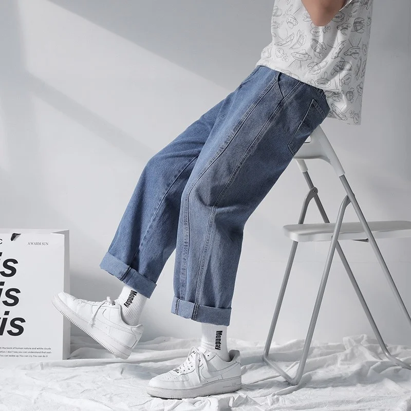 Blue/Black Grey Jeans Men Fashion Retro Casual Straight Jeans Men Streetwear Loose Hip Hop Denim Pants Mens Trousers S-2XL