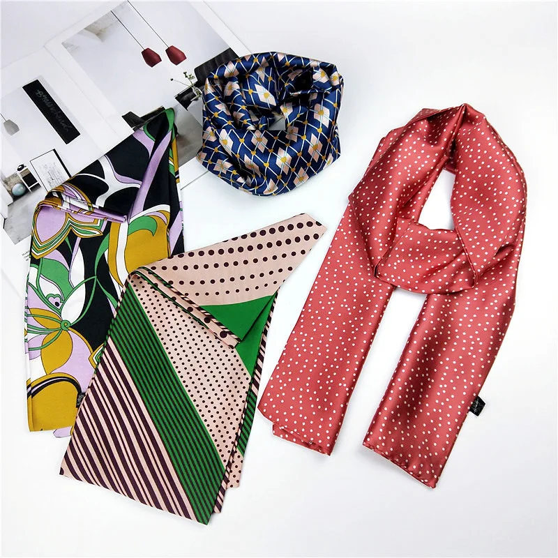 

Fashion Kerchief Neck Scarfs For Female Long Skinny Hairband Women Head Scarf 14*145cm Elegant Headband Silk Satin Hair Scarves