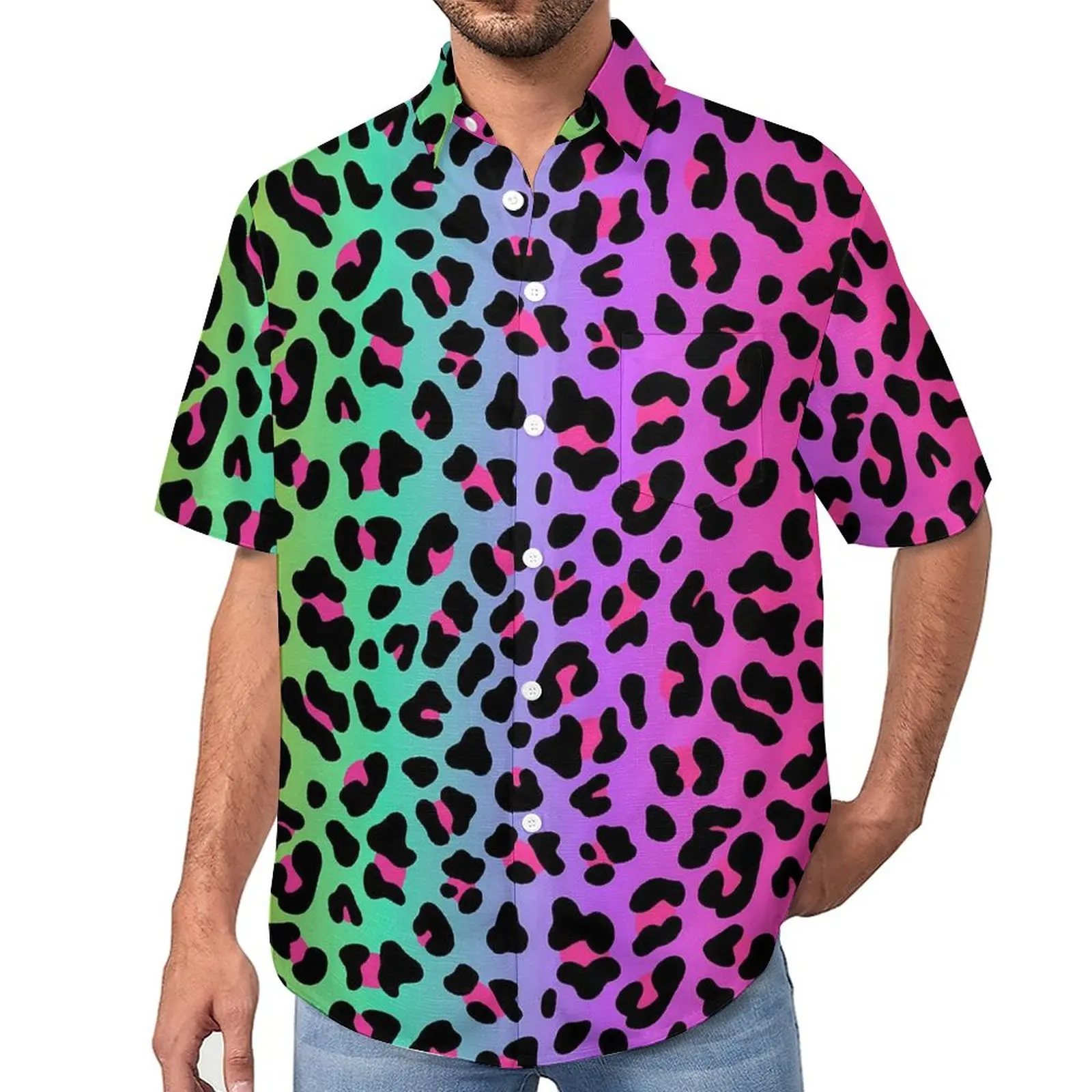 

Rainbow Leopard Loose Shirt Man Beach Cheetah Neon Print Casual Shirts Hawaii Design Short Sleeves Aesthetic Oversized Blouses