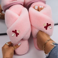 faux fur slides flat sandals red flocked pearl bow fluffy slippers fashion indoor shoes for women designer fur slippers 2022