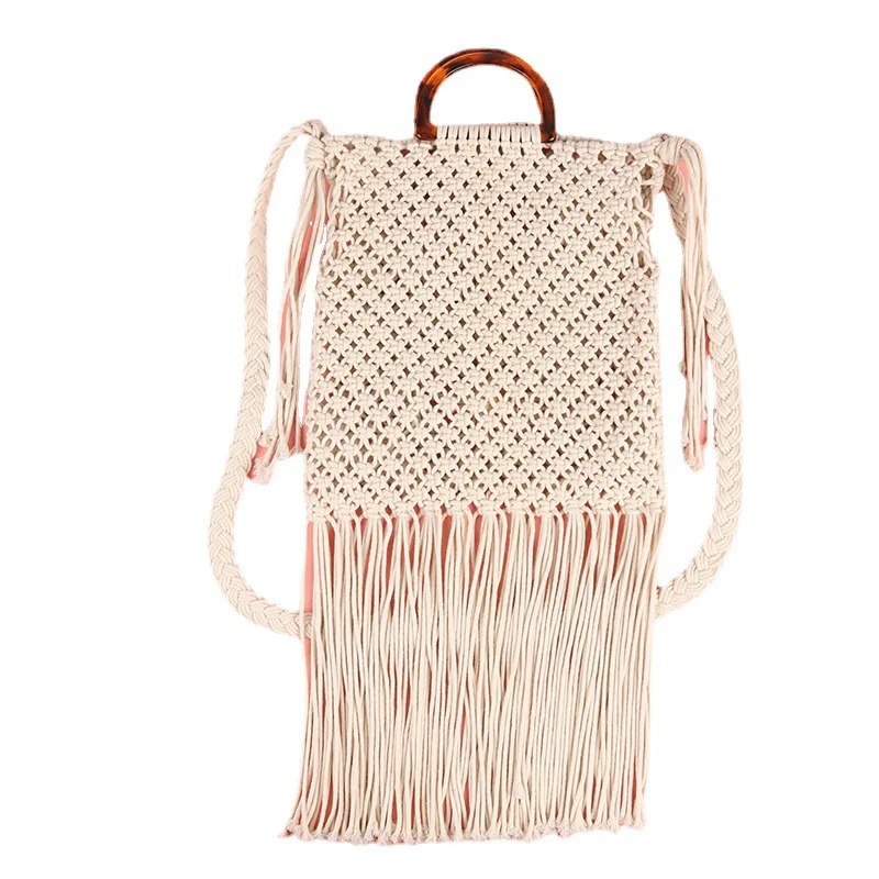 Ручная вязаная крючком женская сумка из хлопчатобумажной нити с кисточками
