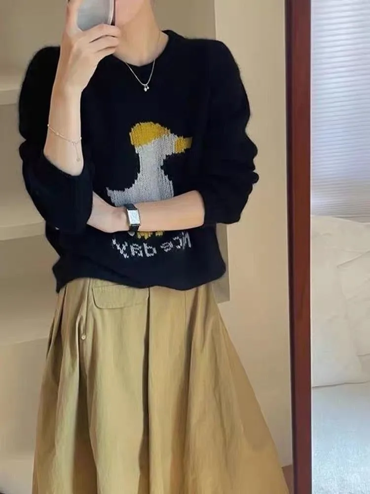 Ezgaga вязаный свитер пуловер женский с рисунком утки буквенным принтом и круглым