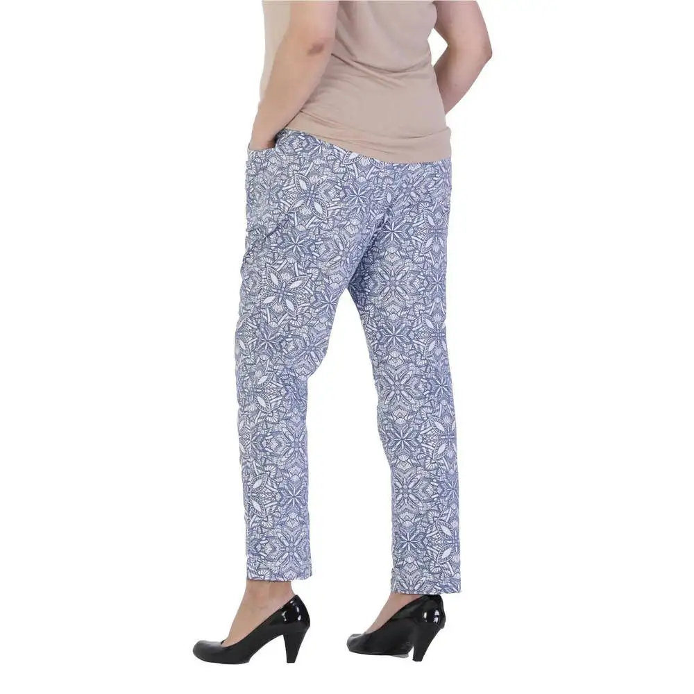 Fite women large size trousers CcLolit linen high waist flat leg zipper closure buttoned patterned navy blue