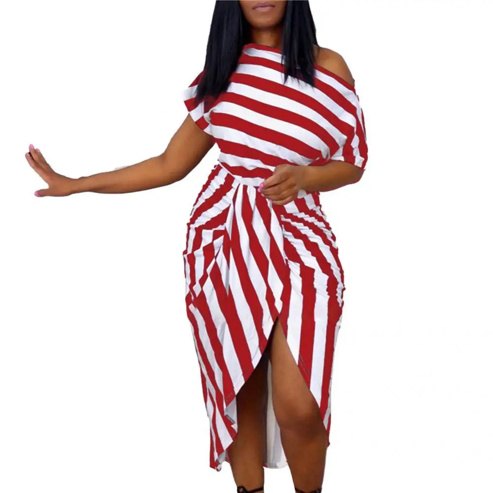 

Midi Dress Printed Lady Split Off Shoulder Irregular Hem Dress Women Dress for Daily Wear