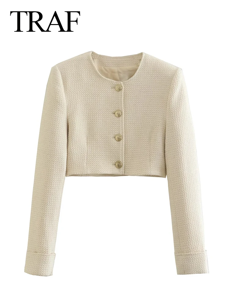 

TRAF 2022 Autumn Women's Textured Short Jacket Round Neck Single Breasted Long Sleeve Top Solid Color Retro Elegant Thin Jacket