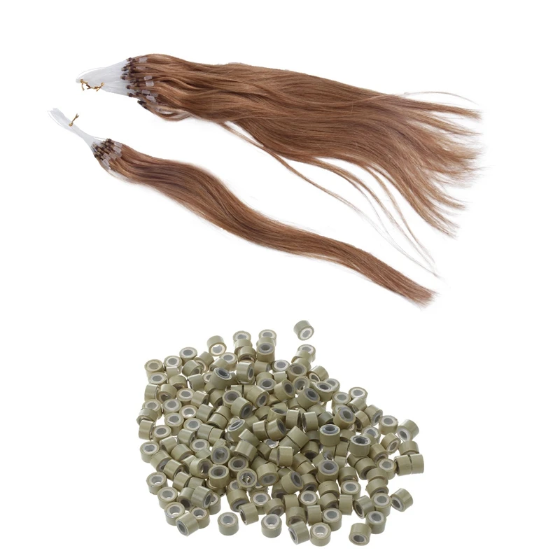 

300 Pcs Accessories: 200 Pcs 5Mm Silicone Lined Micro-Rings Links & 100 Pcs Real Human Hair Extensions Gold 40CM