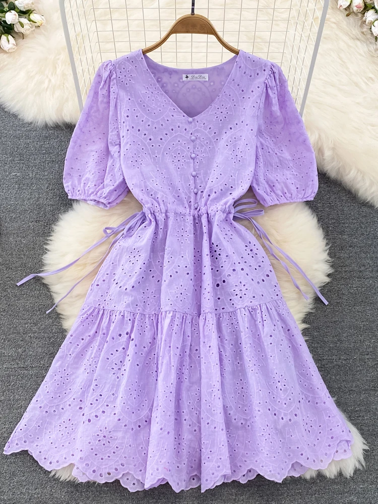 

Summer Purple/Blue/Pink/White Hollow Out Drawstring Embroidered Mini Dress Vintage V-Neck Puff Short Sleeve High Waist Vestidos