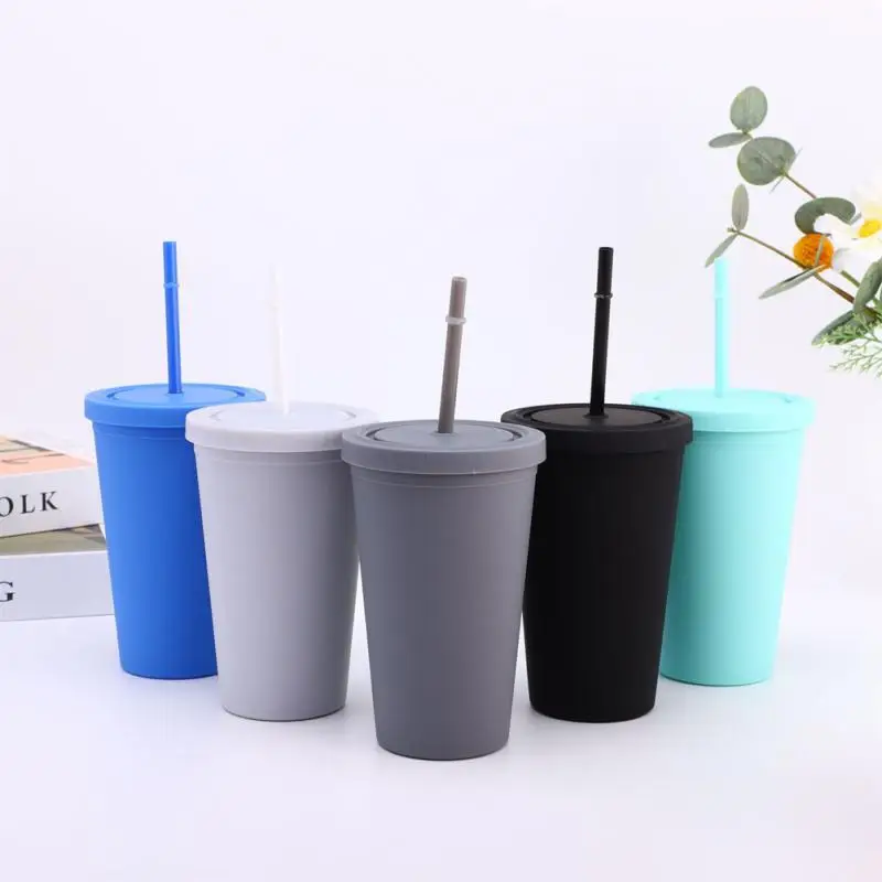 

Straw Cup 450ml Drink Bottle Straw Coffee Mugs With Lid Plastic Tumbler Matte Coffe Bottle Cup BPA-Free Plastic Cups With Straw