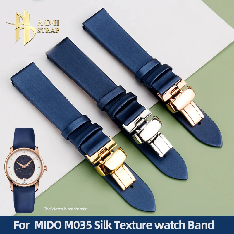 

Butterfly Buckle Cowhide Wristwatch Strap For Mido M035 Baroncelli M035207 Women's Silk Watch Band 18mm Thin and Soft Blue
