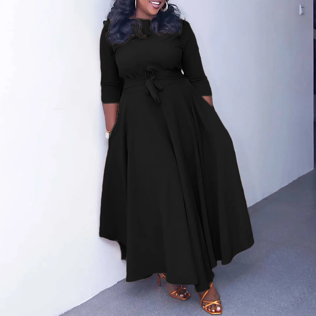 Plus Size Elegant Dress Trendy Solid Casual Cloth With Belt Lady Luxury Long Robe 2023 Summer Evening Party New In Dress