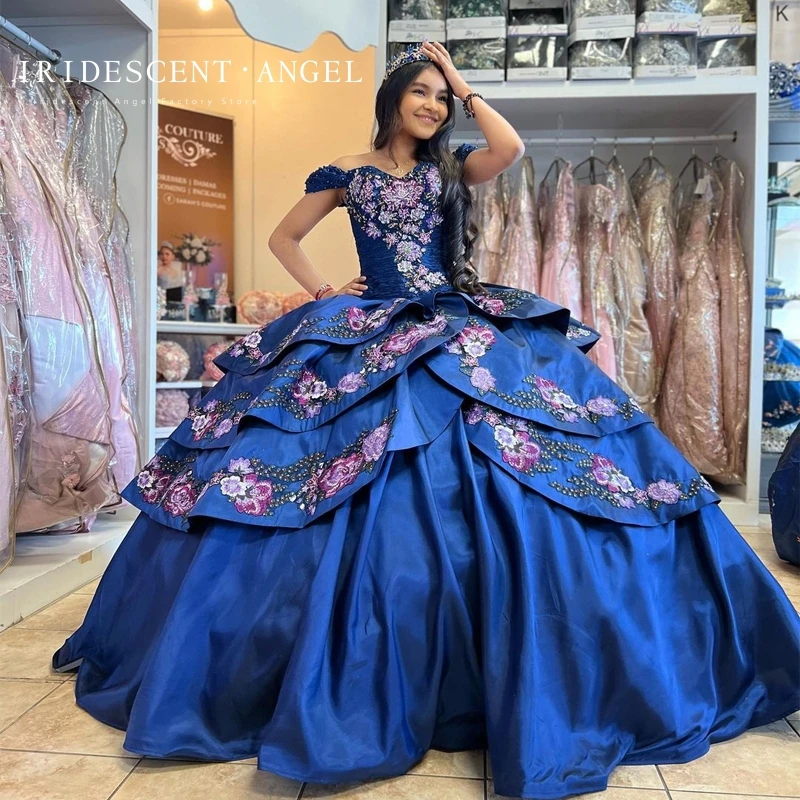 

Iridescent Navy Blue Ball Gown Quinceanera Dresses Tiered With Appliques Embroidery 15 Year Old Girl Dresses Vestidos De 15 Años