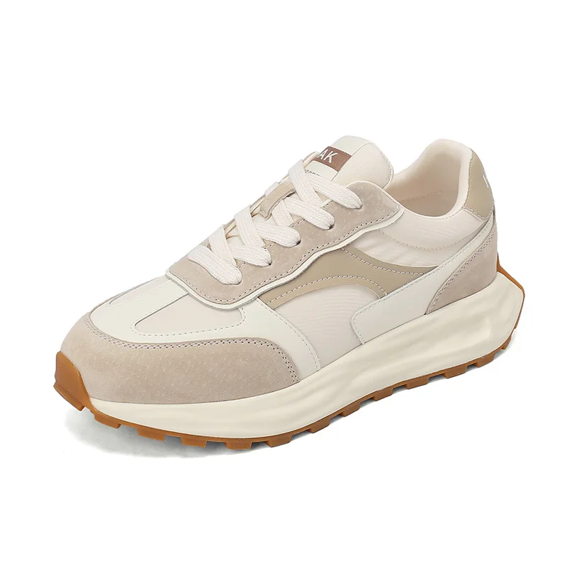 

Leather Women Sneakers New 2023 Summer Black Apricot Platform Shoes Fashion Mixed Colors Splicing Lace Up Breathable Casual Shoe