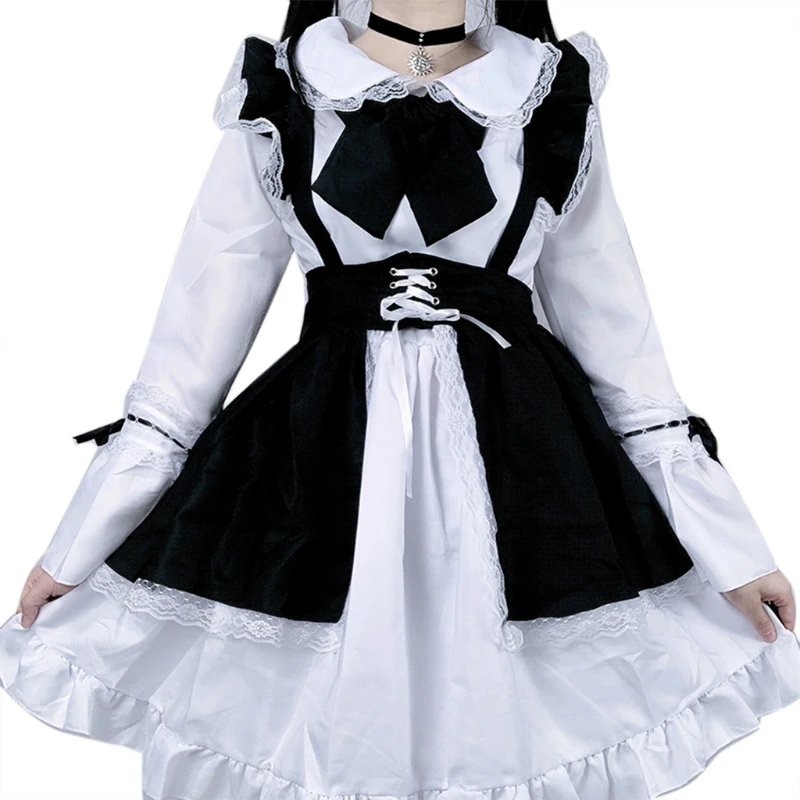 

Japanese Anime Maid Dress Outfit Cosplay Costume Set Sweet Classic Lolita French Apron with Headband Coffee Shop Uniform for and