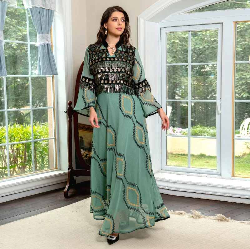 Muslim Fashion Summer Women Long Sleeve V-neck Polyester Sequined Long Abaya Muslim Dress Abaya Dress Clothes for Muslim Women