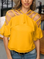 2022 summer celmia fashion blouses women ruffles short sleeve tunic elegant v neck shirts solid color chic blusas hollow out top