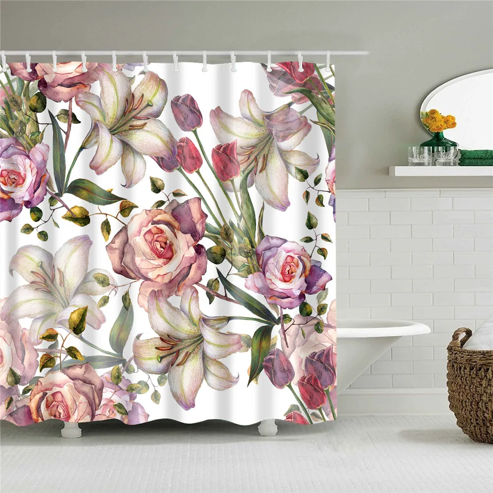 

Flower Tropical Plants Pine Tree Shower Curtain Cloth Fabric Winter Snow Bathroom Set Polyester Bathroom Curtain With Hooks