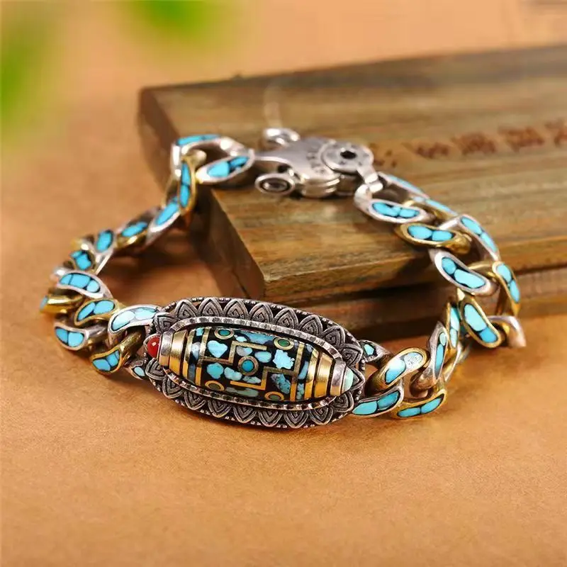 

New Guochao Original Personality Retro Transfer Rotating Nine-eye Dzi Bead Ulan Flower Bracelet Men's High-end Gift Accessories