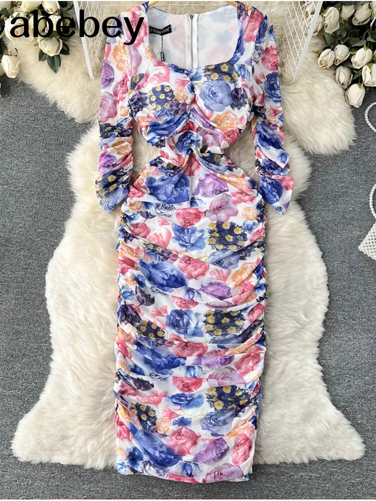 

Summer French Style Dress Famale 2022 Floral High Waist Duched Long Sleeves Zipper Tube Top Slim Sexy Ladies Dresses