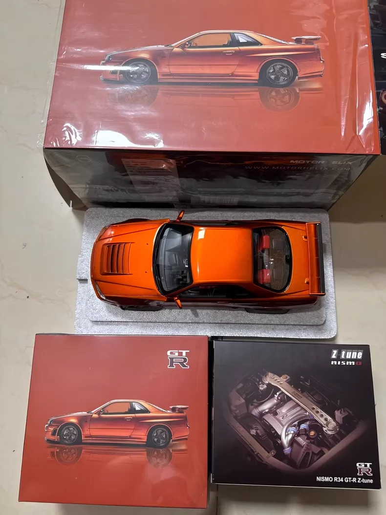 Фото MH 1:18 gtr r34 Flame Orange Подарочная коробка Выставка ограниченная серия литая под давлением модель автомобиля из сплава, украшения для взрослых, игрушки для мальчиков №3