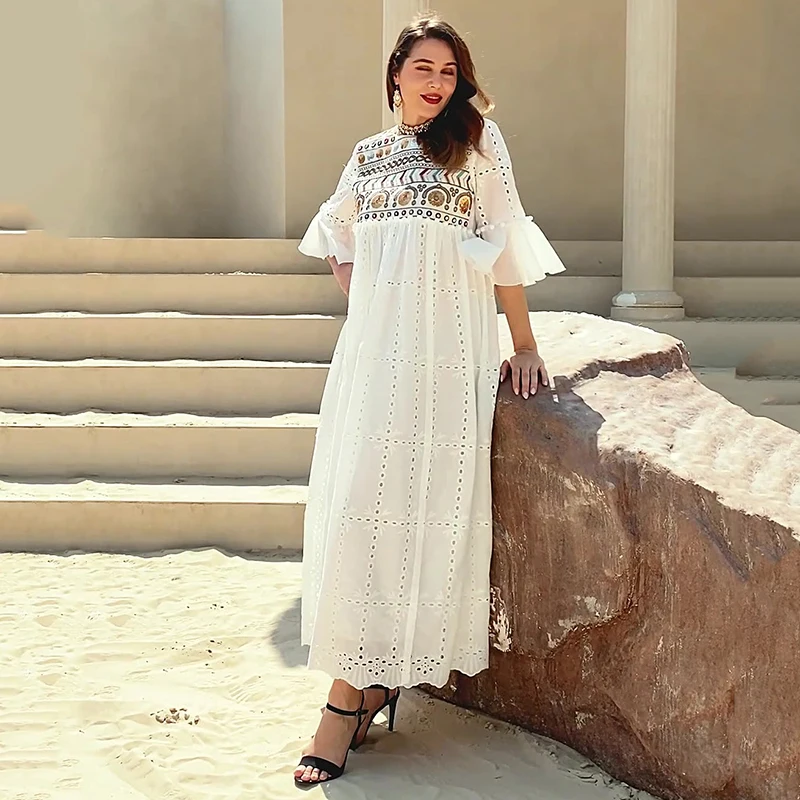 Embroidery Sequins Long Dresses For Women Muslim 2022 O Neck Abayas Dubai Caftan Arabic Luxurious Evening Loose Islamic Dresses