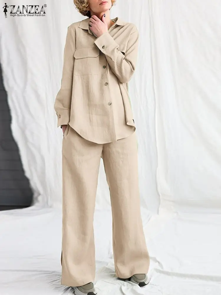 

ZANZEA Two Piece Sets Womens Outifits Fashion Long Sleeve Blouse Wide Leg Pant Sets Solid Trouser Suits Elegant Urban Tracksuit