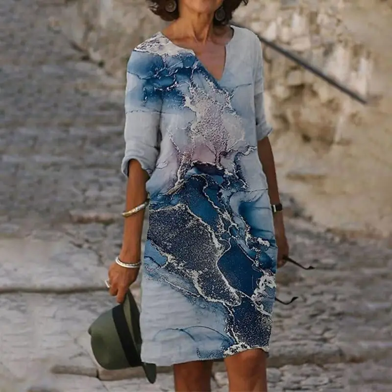 

Women's Dresses 2022 Summer New Retro Multi-Print Casual V-Neck Short Sleeve Dress