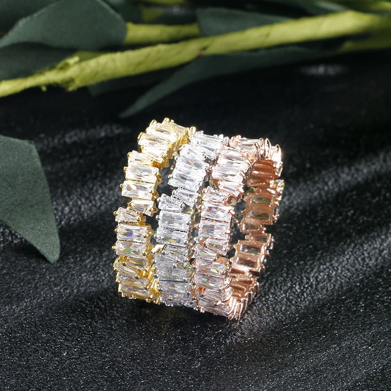 ZAKOL Fashion Luxury Multicolor Charm AAA Baguette Cubic Zirconia Wedding Rings for Women T Shape Stone Party Jewelry FSRP252