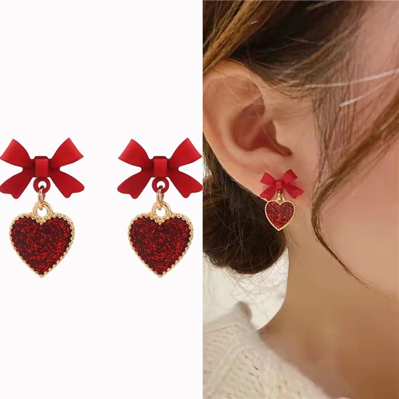 

925 silver bowknot heart love dangle earrings for women girls aesthetic 2021 trendy korean fashion pendientes aros mujer aretes