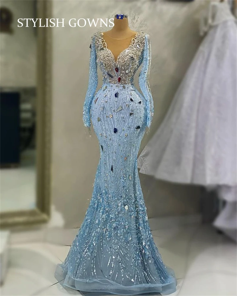 

Blue Sheer O Neck Evening Prom Dresses Beaded Sequined Birthday Dress Luxury Saudi Arabia Cocktail Party Gowns Custom