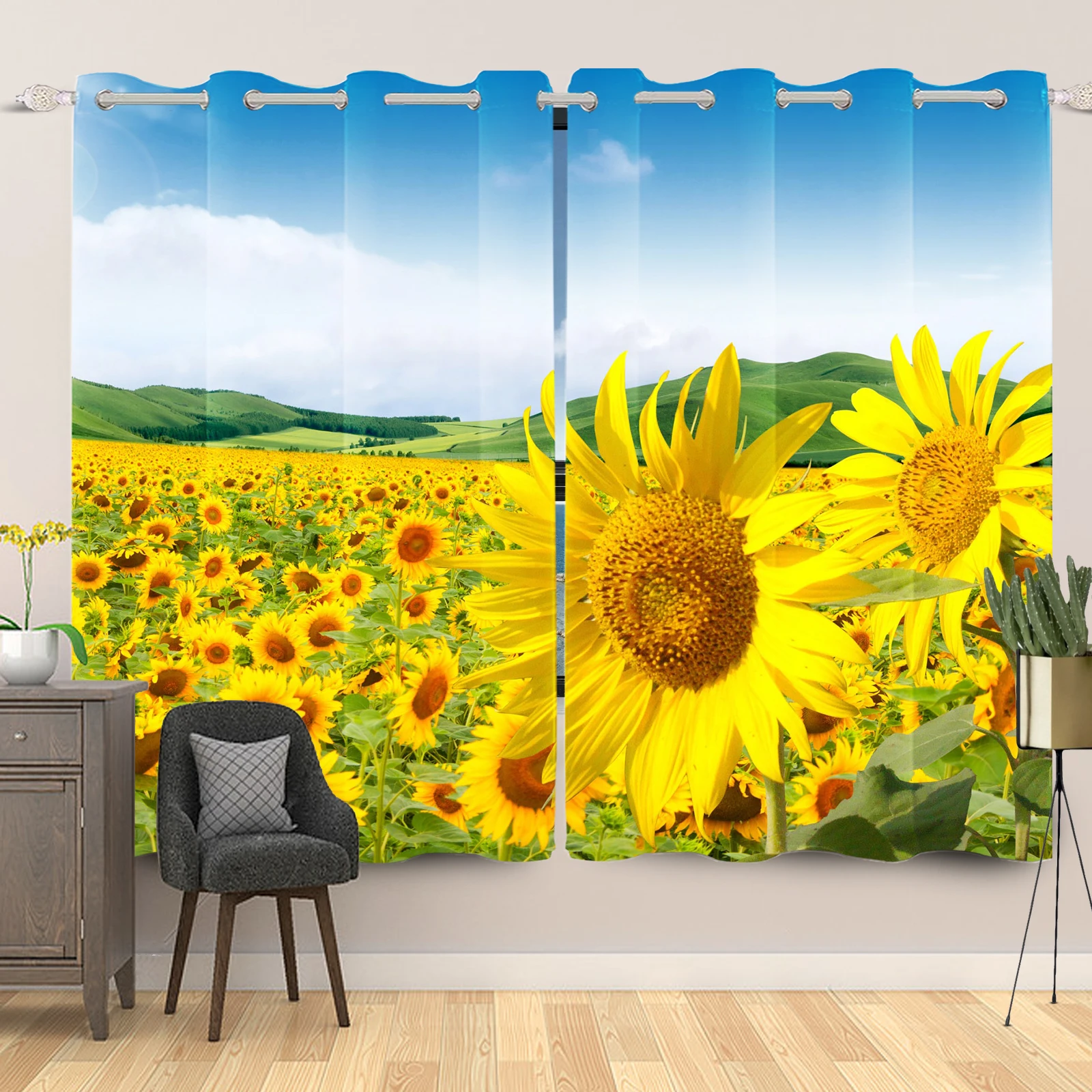 

Sunflower Field Natural Landscape Window Curtains Blue Sky White Cloud Pattern 3D Printed Home Shading Perforated Curtains