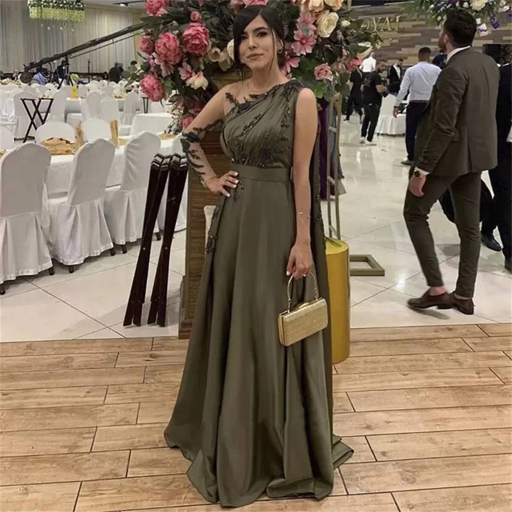 

Arabic One Shoulder Olive Green Muslim Evening Dress With Cape Prom Dress Islamic O-Neck Pageant Party Gowns Robe De Soiree