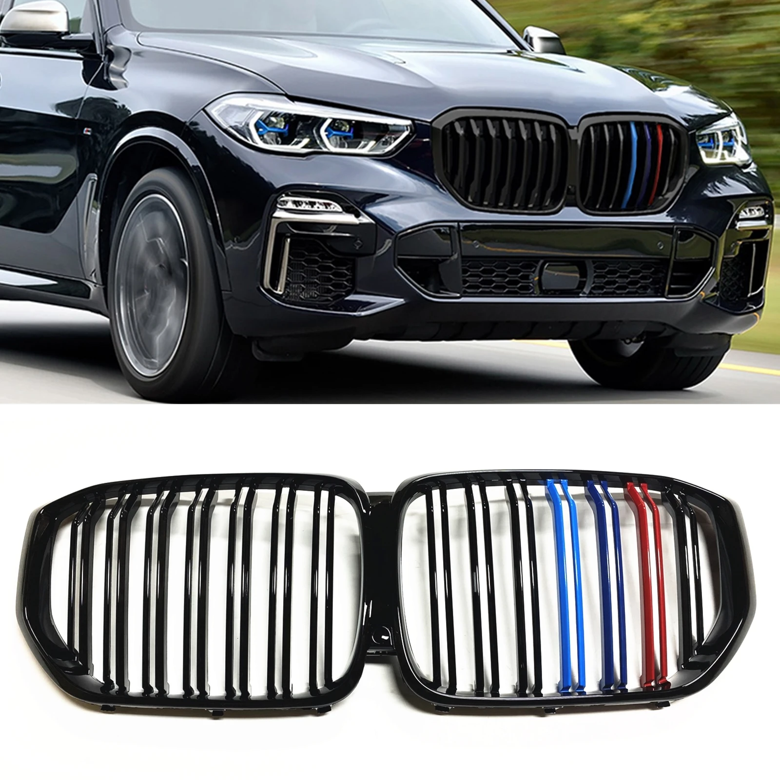 

Front Kidney Grille For BMW G05 X5 Series 2019-2022 Performance Tri M Color Insert Glossy Black Car Upper Bumper Hood Mesh Grill