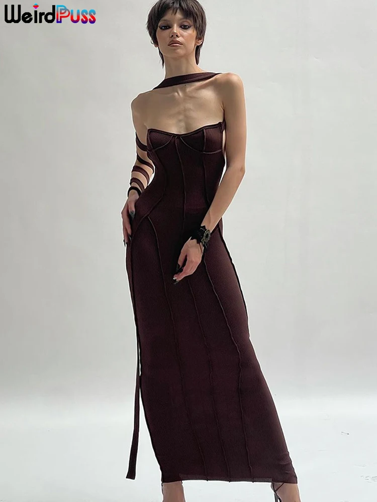 

Weird Puss Backless Strapless Women Maxi Dress Long Scarf Rib Backless Slim Fit Bodycon Ladies Club Rave Evening Party Vestidos