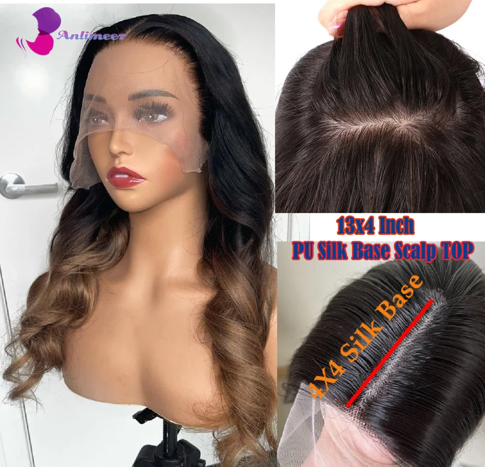 

Alimeer Ombre Middle Golden Brown Colored Loose Wave PU Silk Base Top 13X4 Lace Front Big Deep Parting 1BT8 Color Human Hair Wig