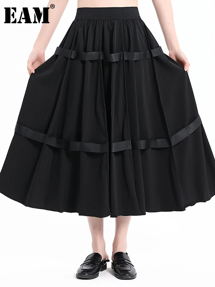 

[EAM] High Elastic Waist Black Ribbon Spliced Casual Long Half-body Skirt Women Fashion Tide New Spring Autumn 2022 1DE6871