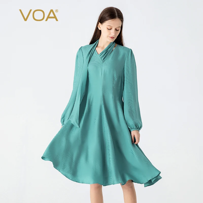 

VOA 100% Pure Silk Jacquard Sky Blue V-neck Shirt Long Sleeve Dresses Women Loose Leaf Decoration Asymmetric Midi Dress AE1912