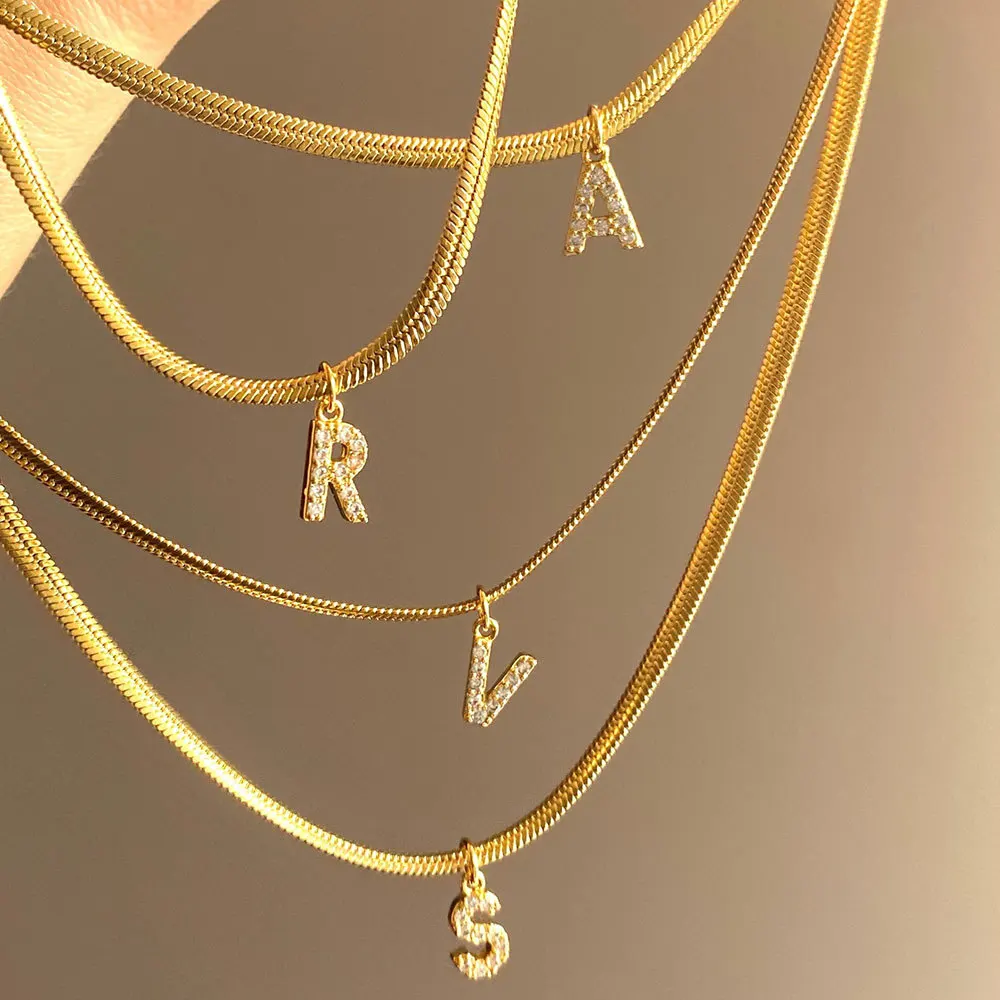 

PuRui Exquisite A-Z Initial Necklace Small Rhinestone Letter Chain women's Choker Stainless Steel Flat Snake Chain Name Jewelry