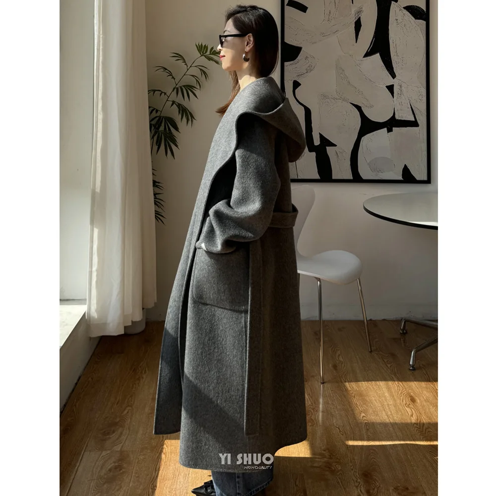 Женское длинное шерстяное пальто с капюшоном