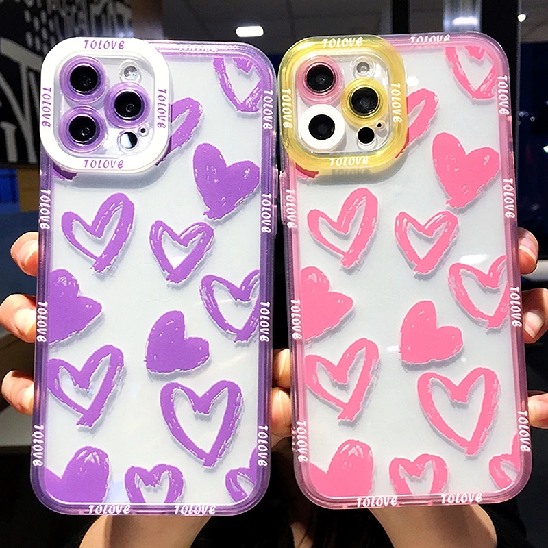 

Soft Love Heart Phone Case For iPhone 11 12 13 Pro Max XS X XR 7 8 Plus SE 2020 Transparent Bumper Back Cover