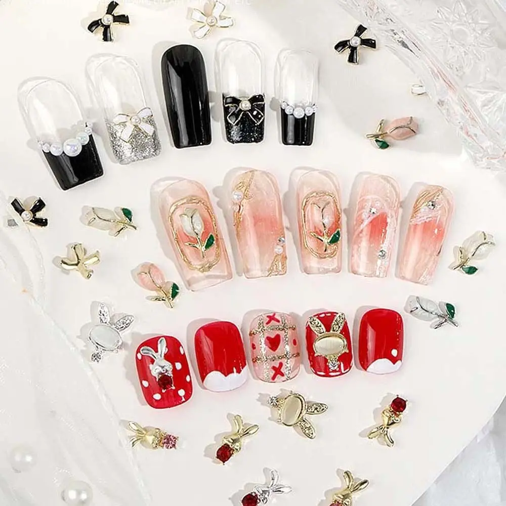 

Women Bowknot Nail Charms Tulips Rabbits Nail Decorations Flowers Nail Drills Manicure Accessories Bow Nail Rhinestones